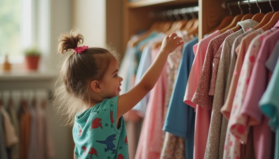 Child freely choosing mixed clothing items from closet