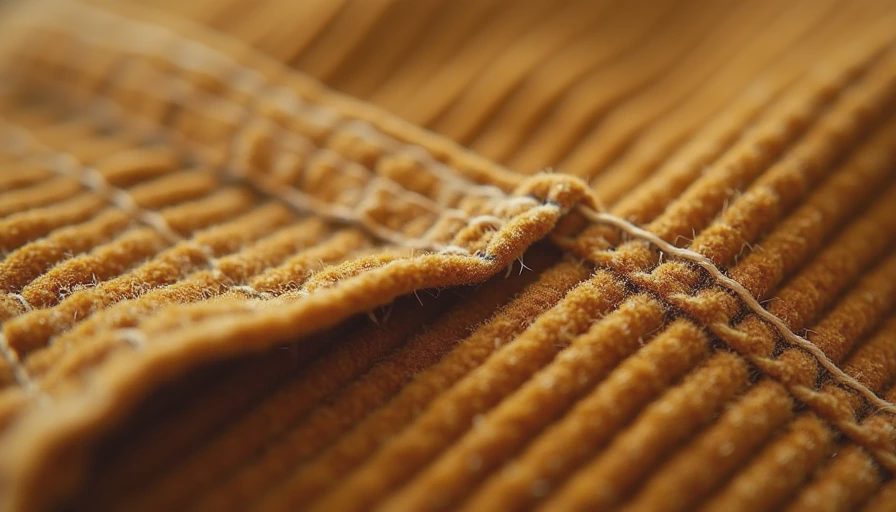 Detailed view of strong flat-felled seam on durable corduroy fabric