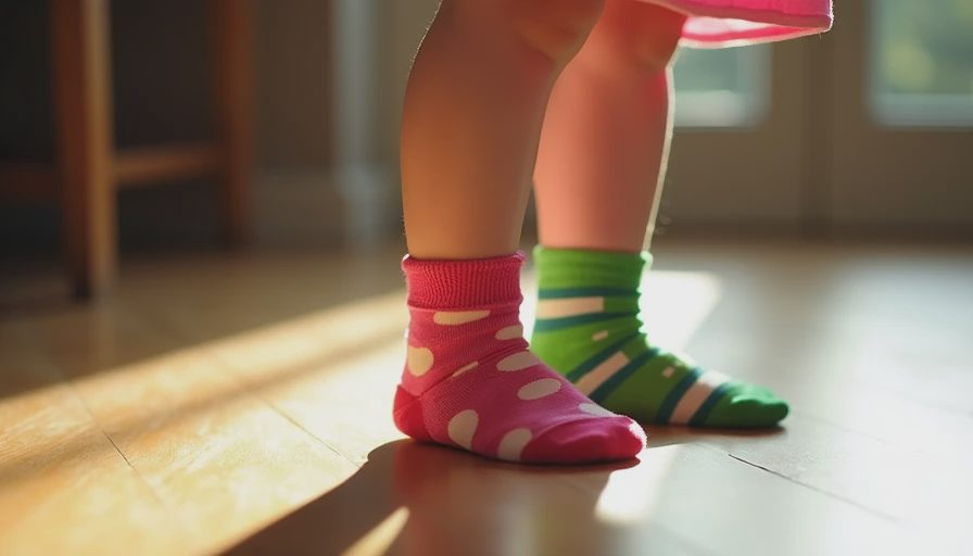 Close-up of a child's feet in mismatched colorful socks