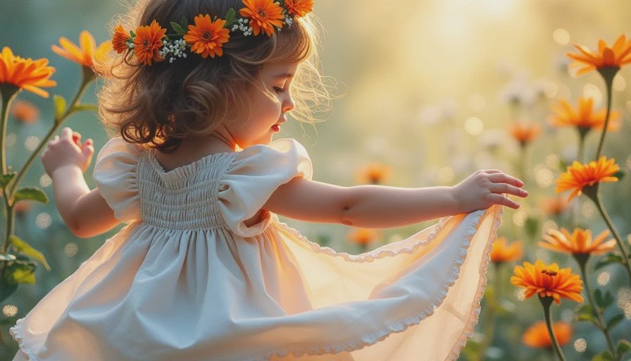 Watercolor detail of a young girl twirling in a white sundress with flower crown