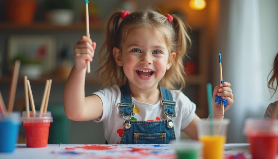 Child enjoying art party in comfortable paint-stained clothes