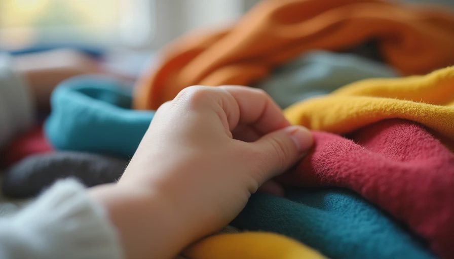 Child's hand thoughtfully holding a piece of clothing