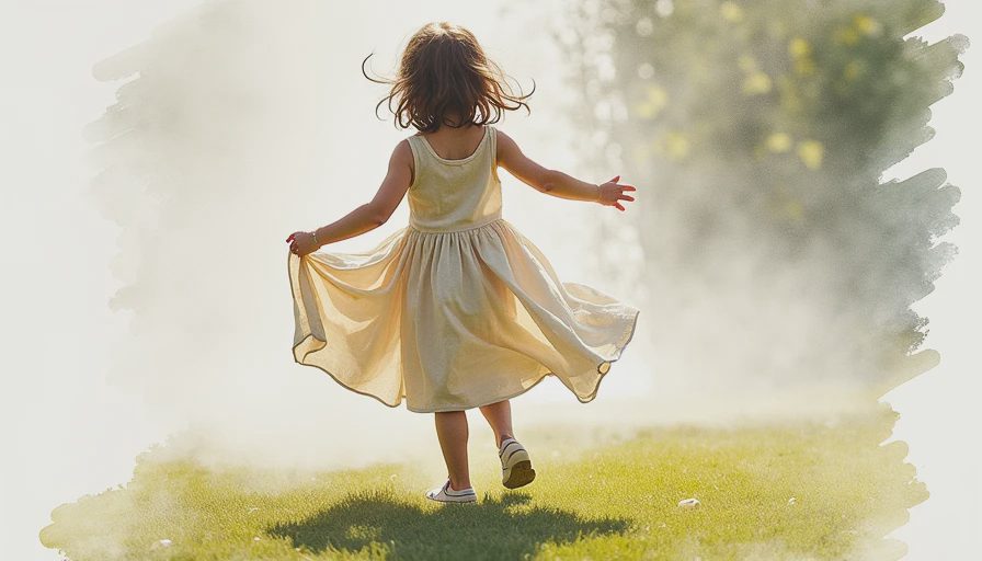 Watercolor sketch of a child twirling in linen dress at Forsyth Park