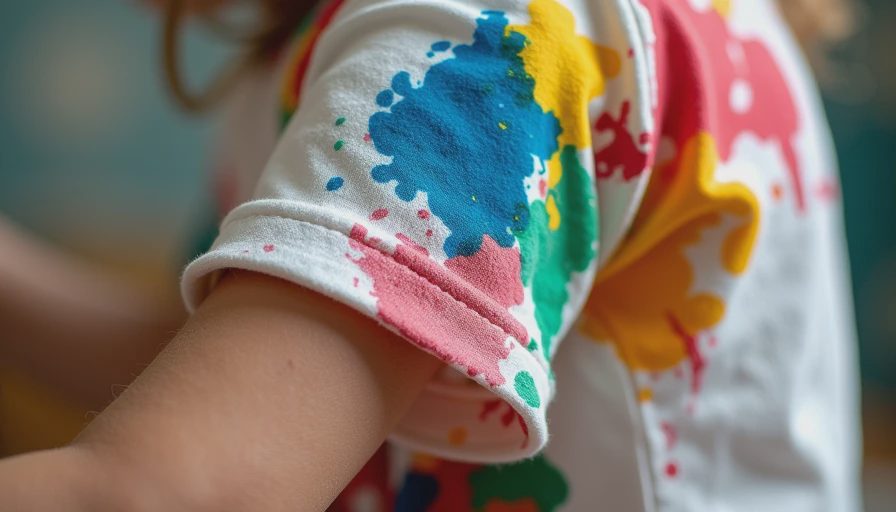 Detailed close-up of colorful paint stains on a child's art shirt