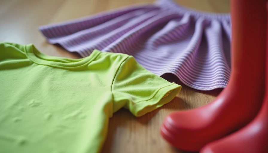 Mismatched colorful children's outfit pieces chosen by a child on sunlit floor